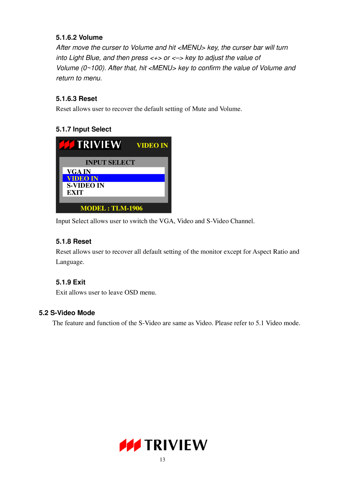 Tatung TLM-1706, TLM-1906, TLM-1506 operating instructions Volume, Input Select, Exit, Video Mode 