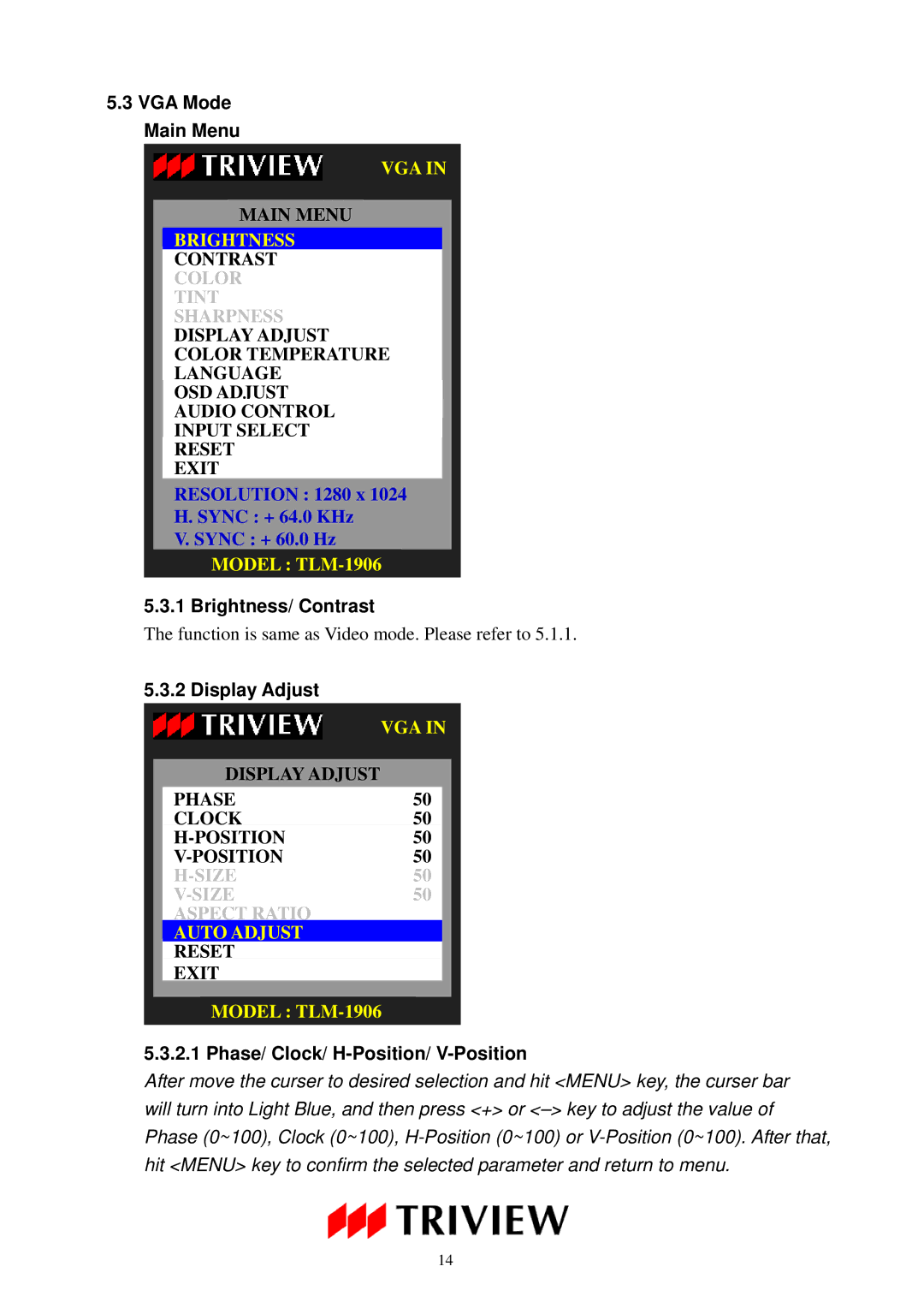 Tatung TLM-1506, TLM-1906, TLM-1706 VGA Mode Main Menu, Brightness/ Contrast, Phase/ Clock/ H-Position/ V-Position 