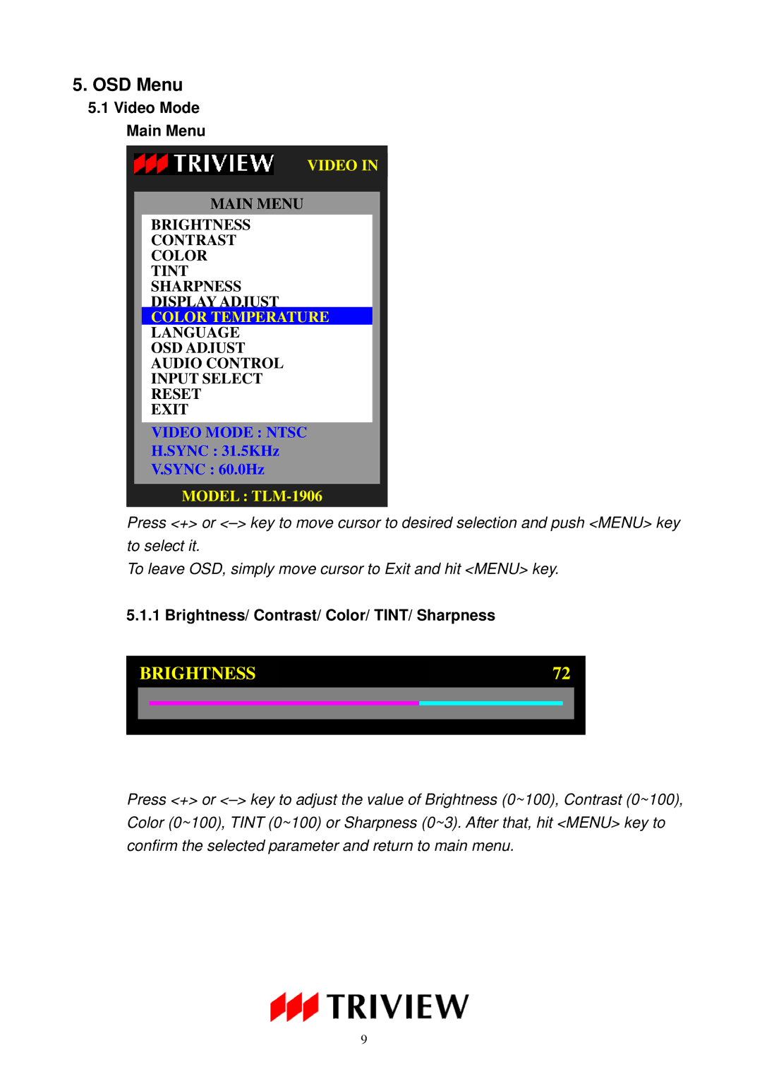 Tatung TLM-1906, TLM-1706, TLM-1506 Video Mode Main Menu, Color Temperature, Brightness/ Contrast/ Color/ TINT/ Sharpness 