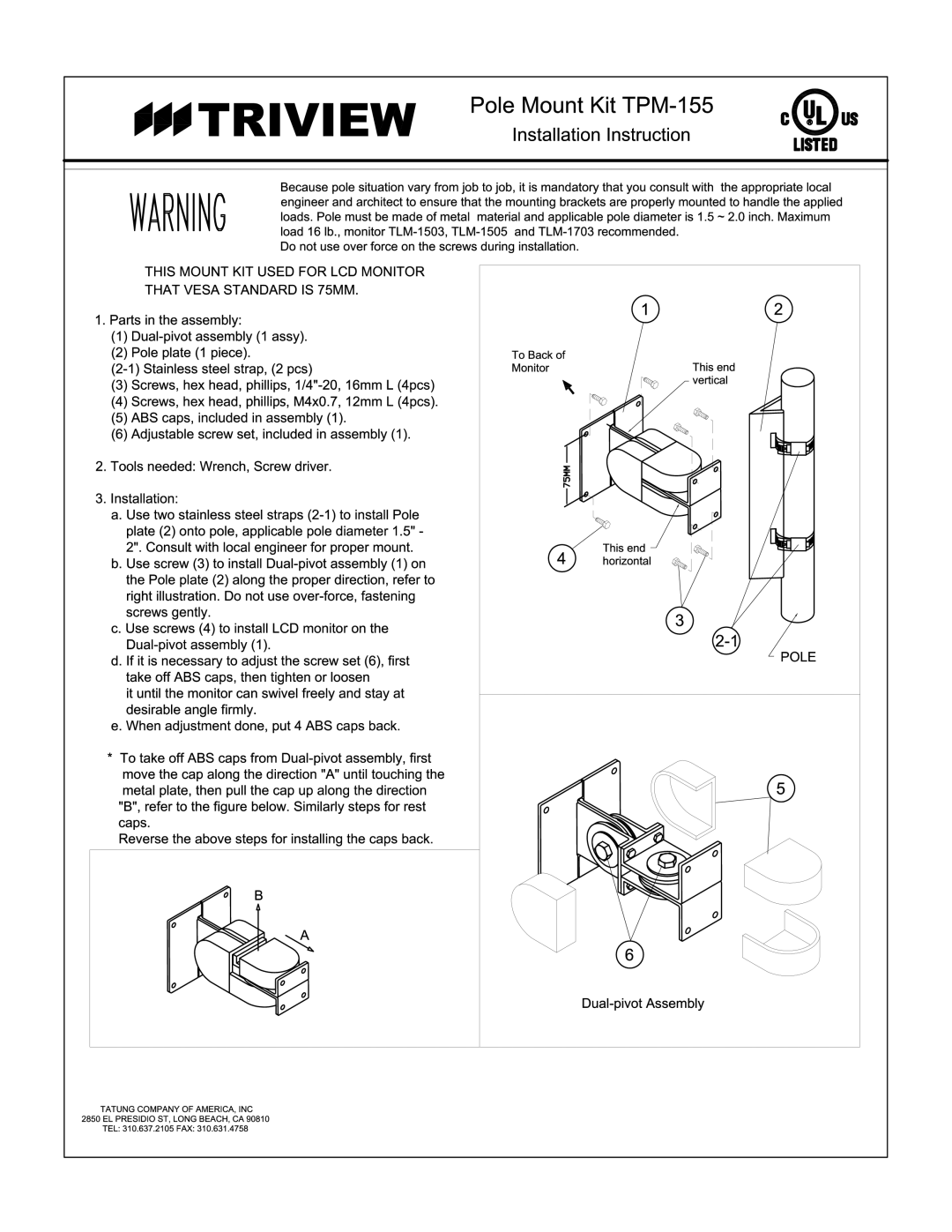 Tatung TVA-171 manual Tr Iv Iew, Pole Mou nt Kit TPM -1, Nstallatio n I nstruction 