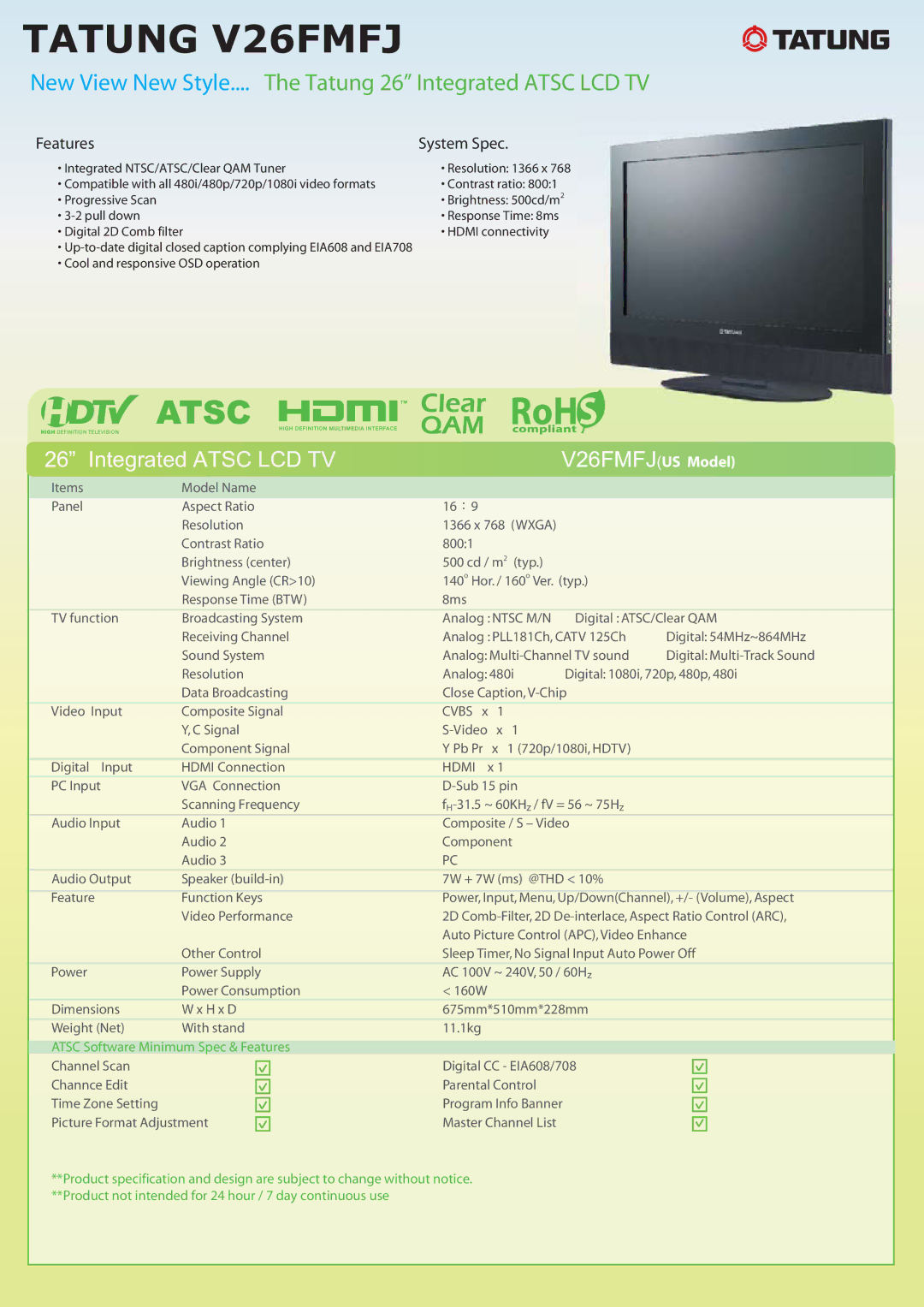 Tatung manual Tatung V26FMFJ, New View New Style.... The Tatung 26 Integrated Atsc LCD TV, Features System Spec 