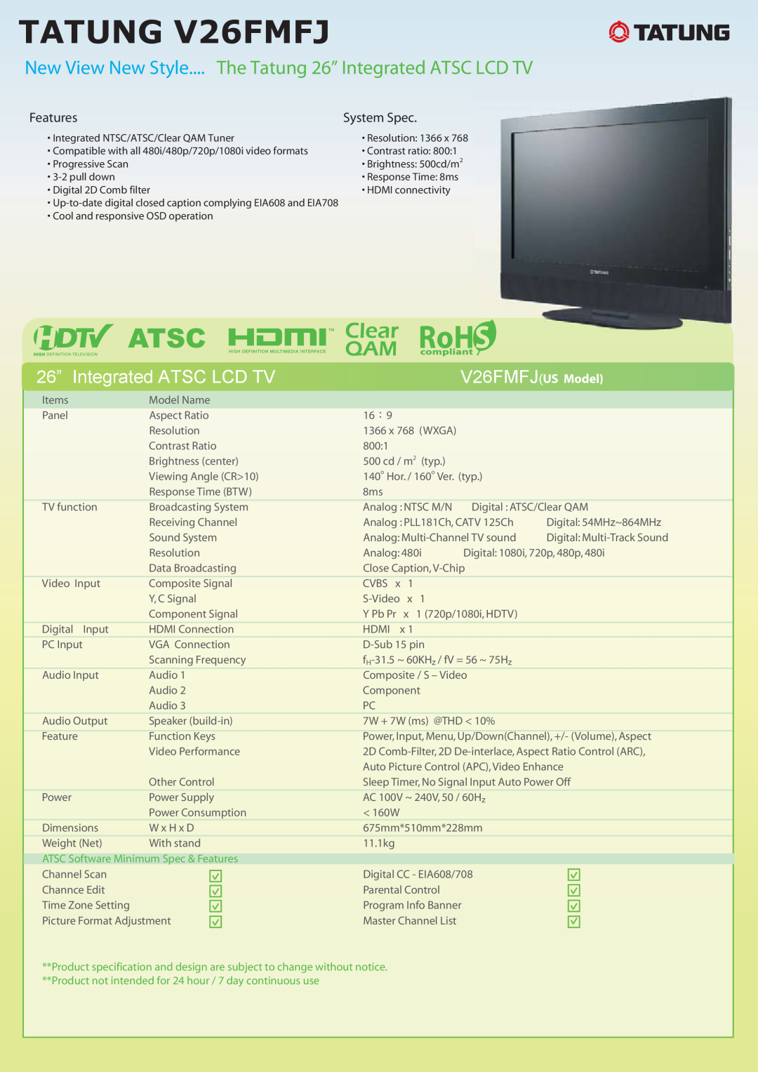 Tatung manual TATUNG V26FMFJ, New View New Style.... The Tatung 26” Integrated ATSC LCD TV, Features, System Spec 