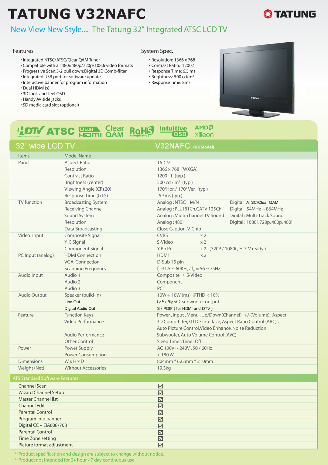 Tatung manual Tatung V32NAFC, New View New Style.... The Tatung 32 Integrated Atsc LCD TV, Wide LCD TV 