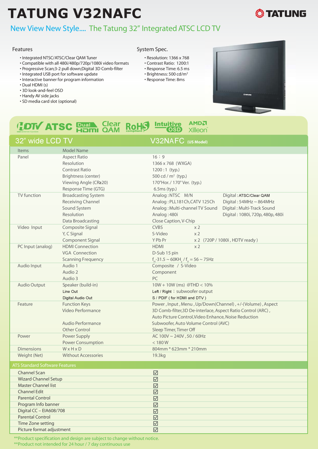 Tatung manual TATUNG V32NAFC, New View New Style.... The Tatung 32” Integrated ATSC LCD TV, 32” wide LCD TV, Features 