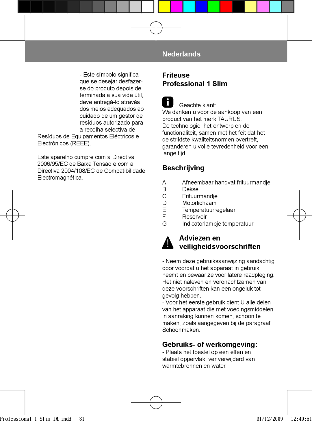 Taurus Group 1 Slim manual Nederlands, Beschrijving, Gebruiks- of werkomgeving, Adviezen en veiligheidsvoorschriften 