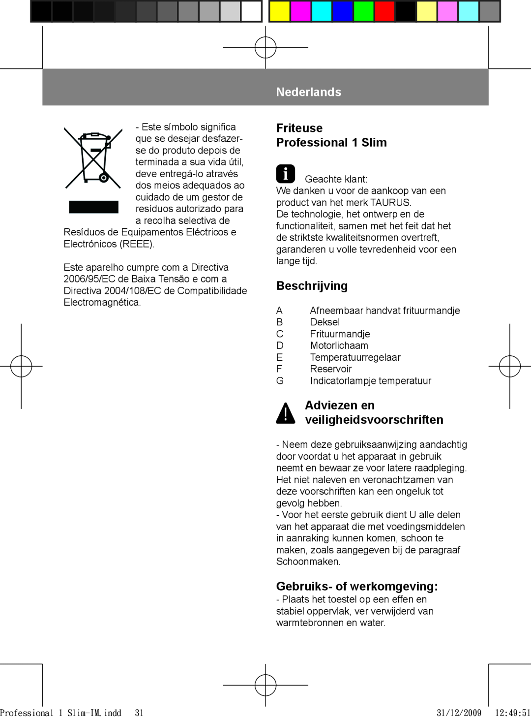 Taurus Group 1 Slim manual Nederlands, Beschrijving, Gebruiks- of werkomgeving, Adviezen en veiligheidsvoorschriften 