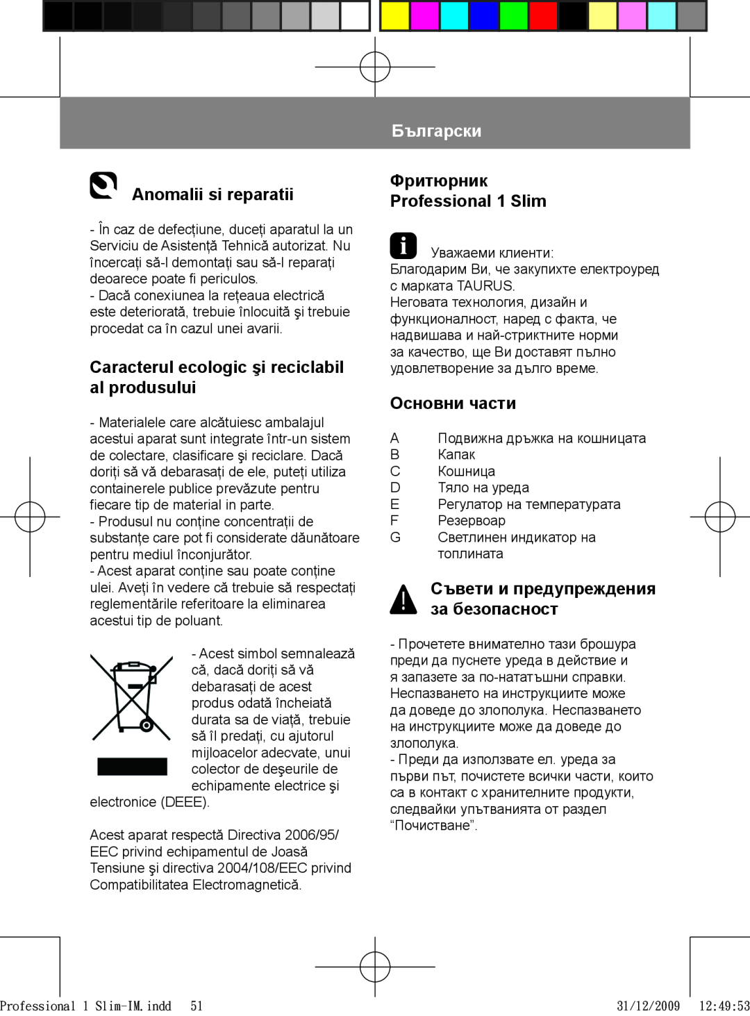 Taurus Group 1 Slim manual Anomalii si reparatii, Caracterul ecologic şi reciclabil al produsului, Български, Основни части 