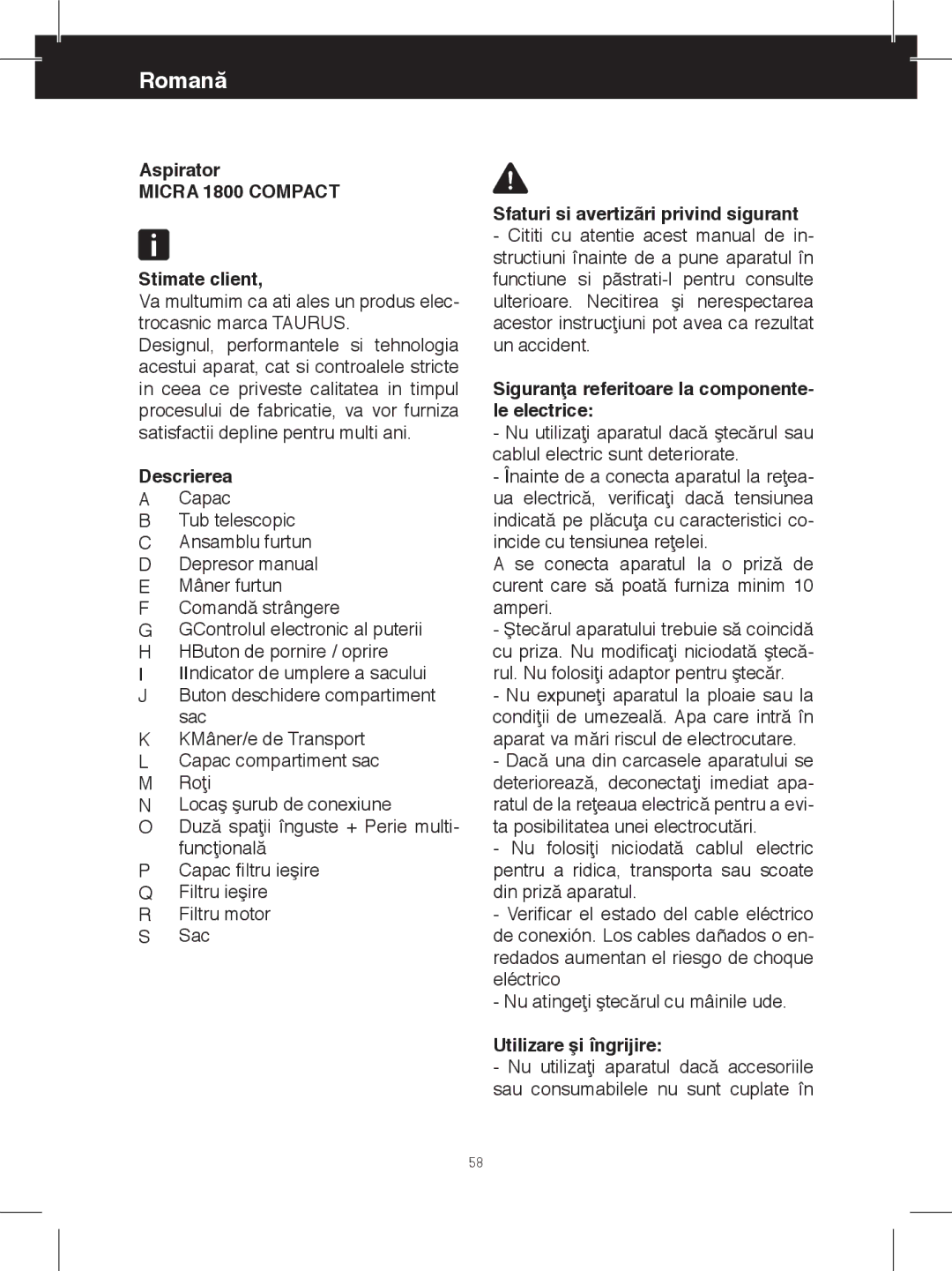 Taurus Group 1800 manual Aspirator, Stimate client, Descrierea, Utilizare şi îngrijire 