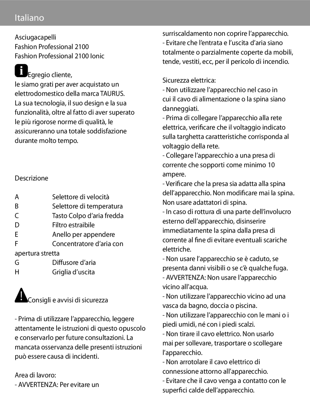 Taurus Group 2100 Ionic manual Italiano, Asciugacapelli, Egregio cliente 