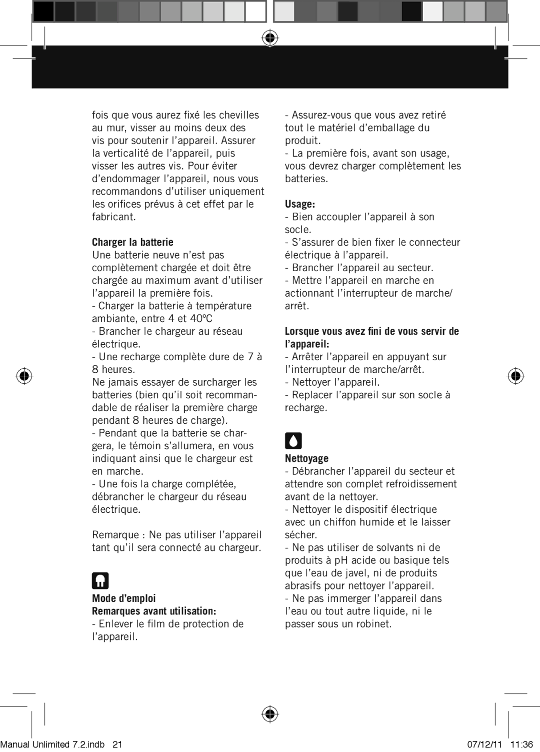 Taurus Group 7.2 manual Charger la batterie, Mode d’emploi Remarques avant utilisation, Usage, Nettoyage 