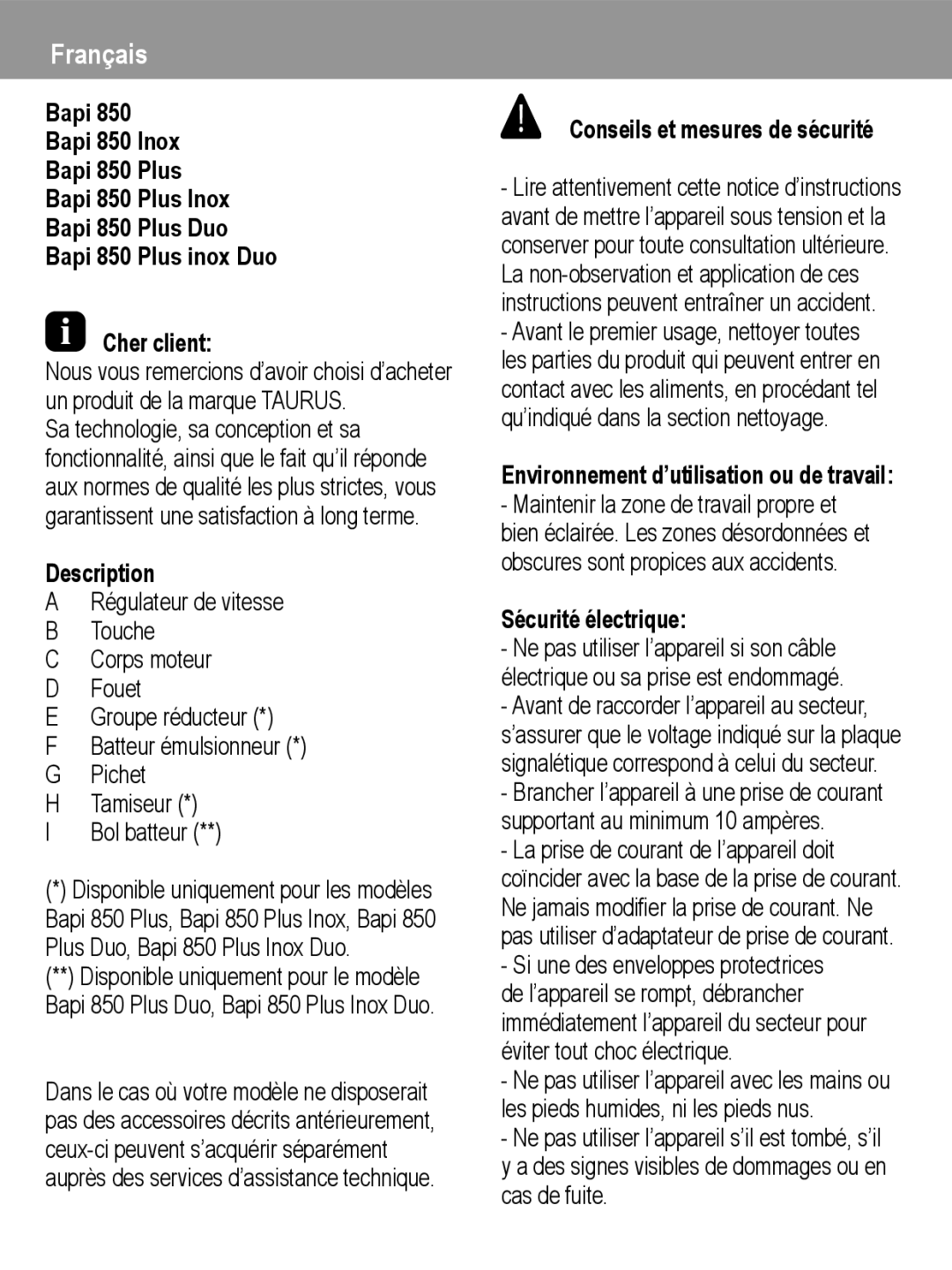 Taurus Group 850 manual Conseils et mesures de sécurité, Avant le premier usage, nettoyer toutes, Sécurité électrique 