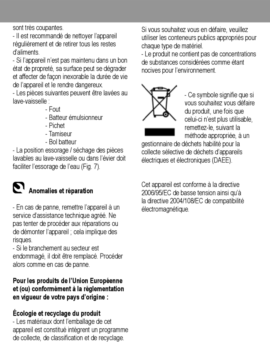 Taurus Group 850 manual Anomalies et réparation, Écologie et recyclage du produit 