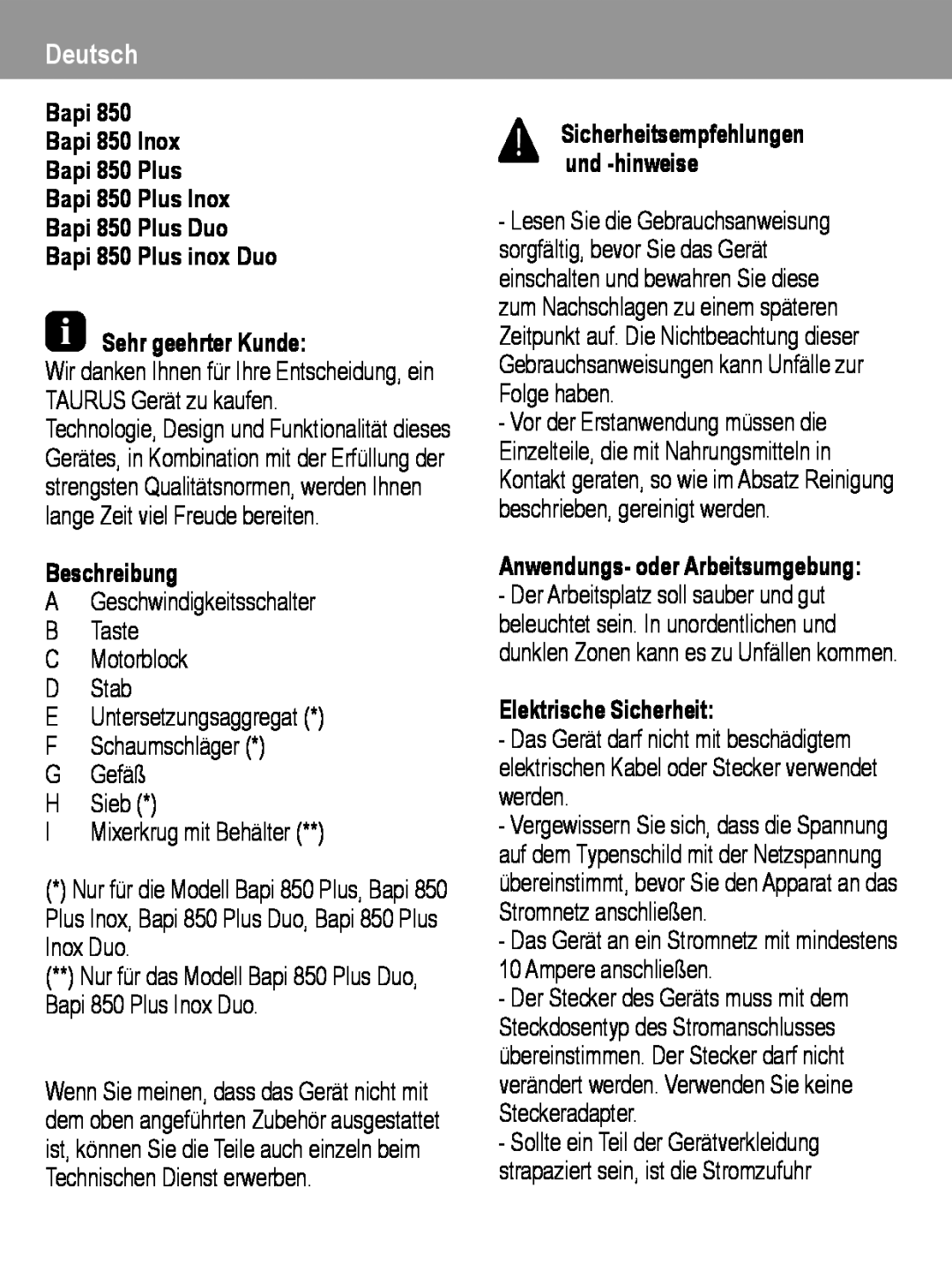 Taurus Group manual Deutsch, Bapi 850 Plus inox Duo Sehr geehrter Kunde, Beschreibung, I Mixerkrug mit Behälter 