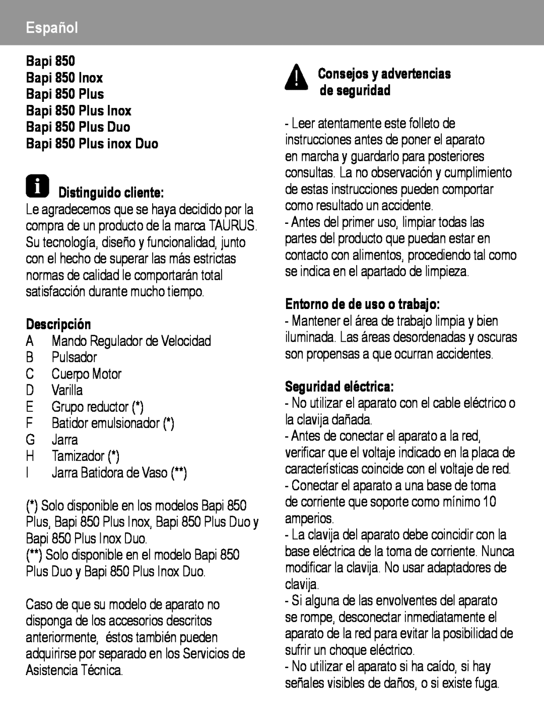 Taurus Group manual Español, Bapi Bapi 850 Inox Bapi 850 Plus Bapi 850 Plus Inox Bapi 850 Plus Duo, Descripción 