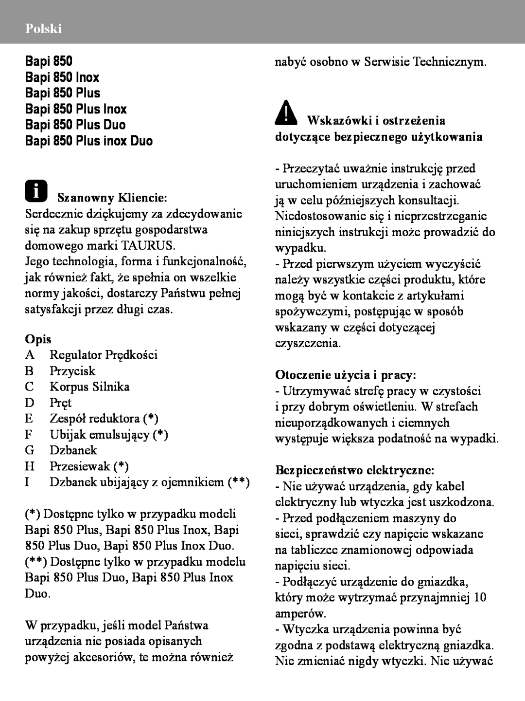 Taurus Group manual Polski, Bapi 850 Plus inox Duo, Szanowny Kliencie, Opis, Otoczenie użycia i pracy 