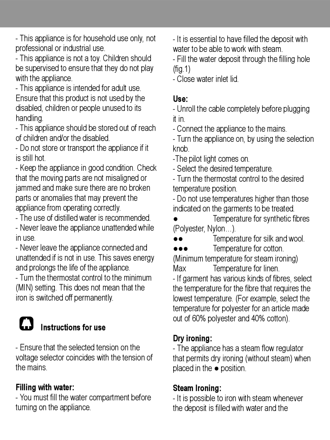 Taurus Group Adria 2000 inox, Adria 1400 manual Instructions for use, Filling with water, Use, Dry ironing, Steam Ironing 