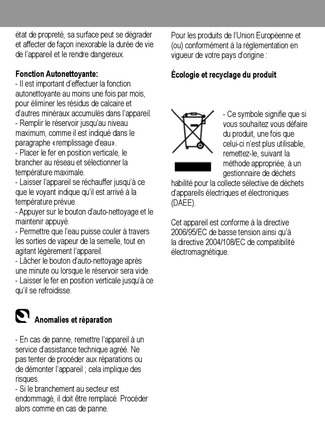 Taurus Group Adria 2000 inox manual Fonction Autonettoyante, Anomalies et réparation, Écologie et recyclage du produit 