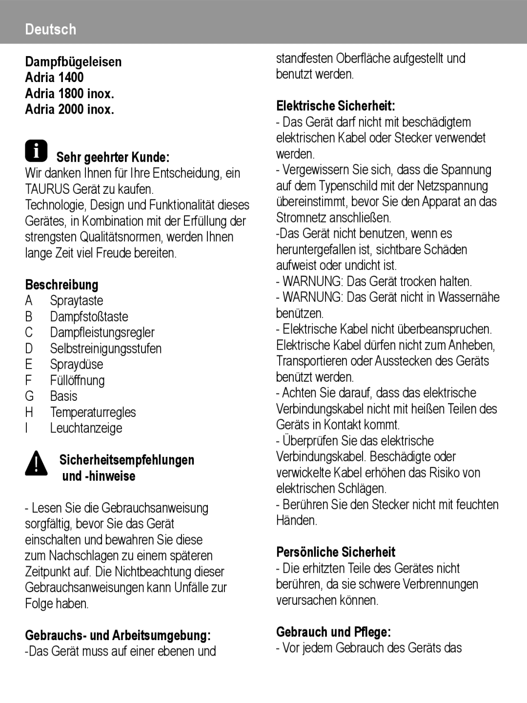 Taurus Group Adria 1800 inox, Adria 1400, Adria 2000 inox manual Deutsch 