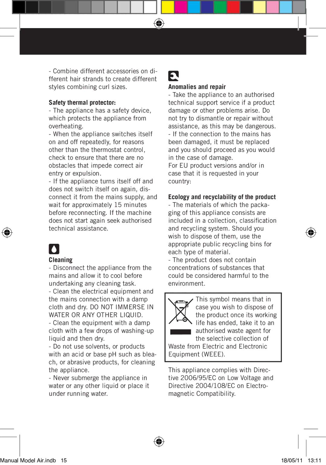 Taurus Group Air.indb manual Safety thermal protector, Cleaning, Anomalies and repair 