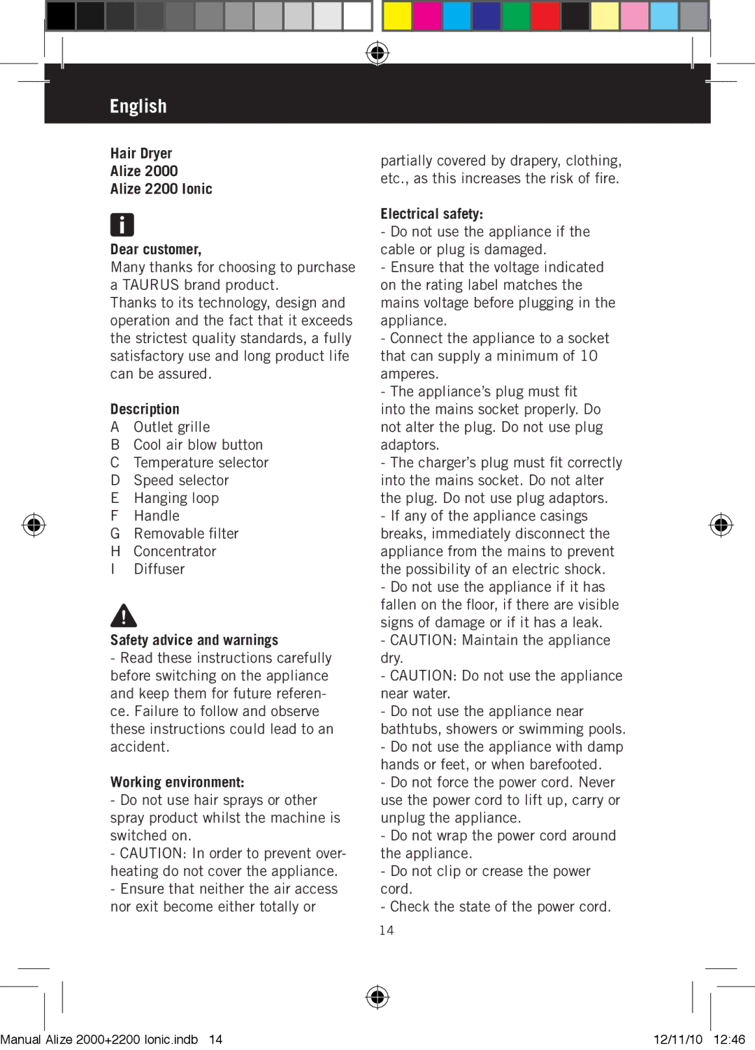 Taurus Group ALIZE 2000, ALIZE 200 IONIC manual English 