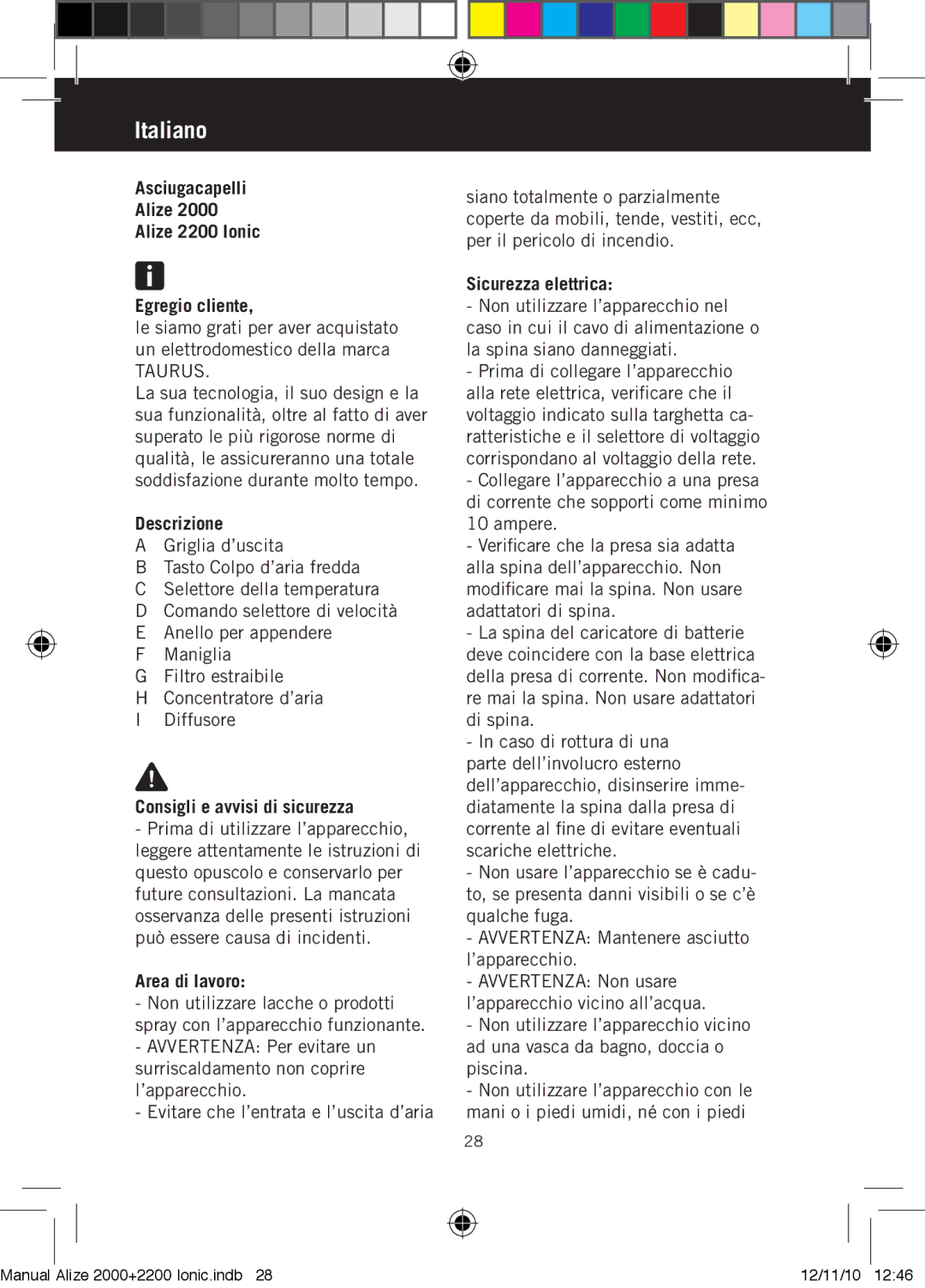 Taurus Group ALIZE 2000, ALIZE 200 IONIC manual Italiano 