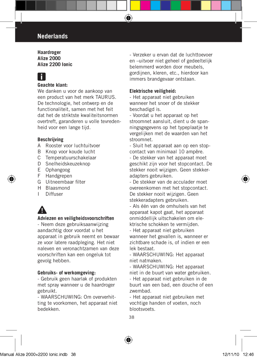 Taurus Group ALIZE 2000, ALIZE 200 IONIC manual Nederlands 