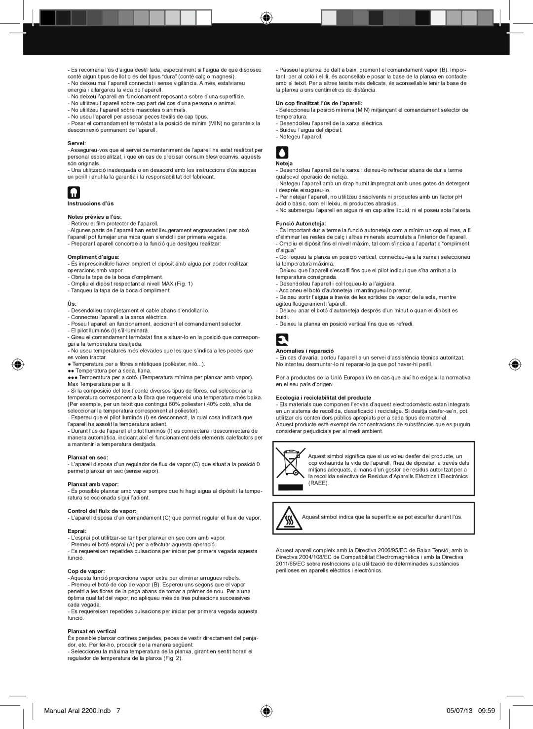 Taurus Group Aral 2200 Servei, Instruccions d’ús, Ompliment d’aigua, Planxat en sec, Planxat amb vapor, Esprai, Neteja 