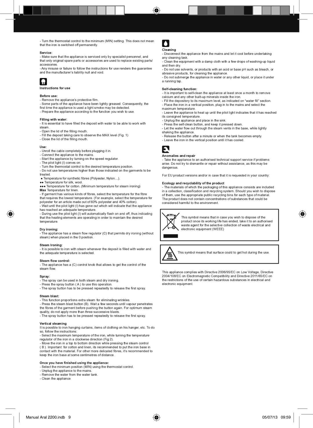 Taurus Group Aral 2200 manual Service, Instructions for use Before use, Filling with water, Use, Dry ironing, Steam Ironing 