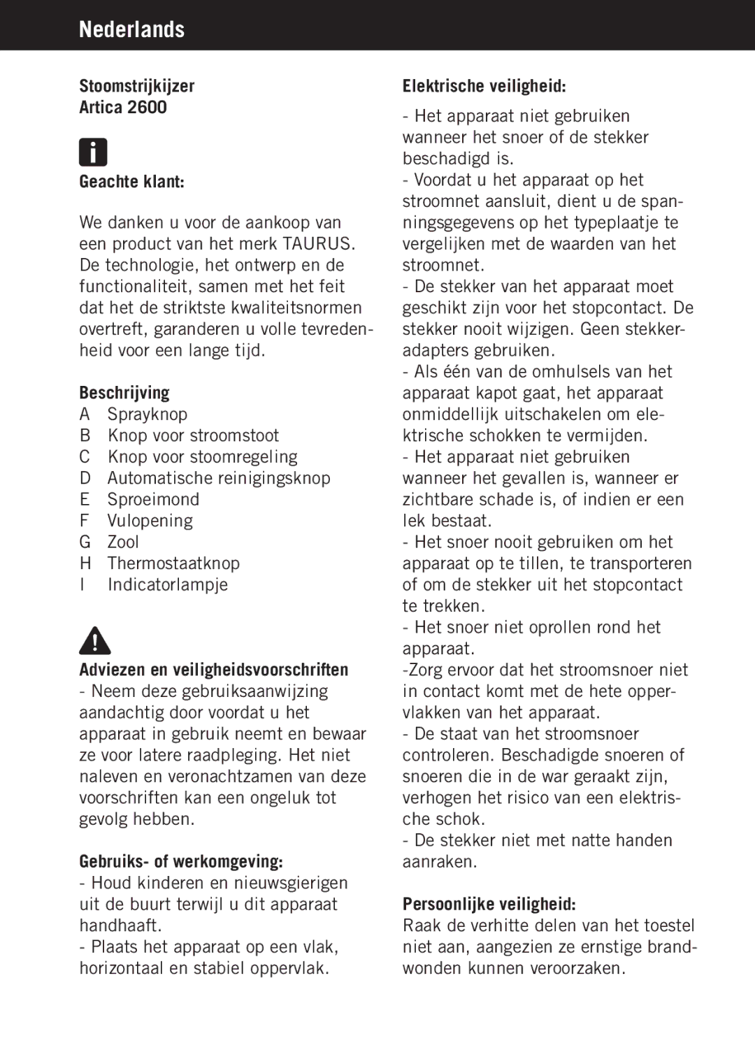 Taurus Group Artica 2600 manual Nederlands 