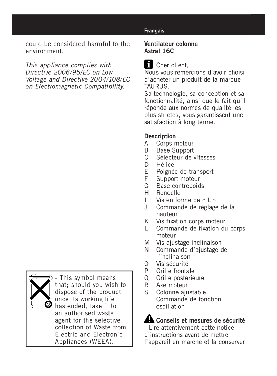 Taurus Group manual Ventilateur colonne Astral 16C Cher client 