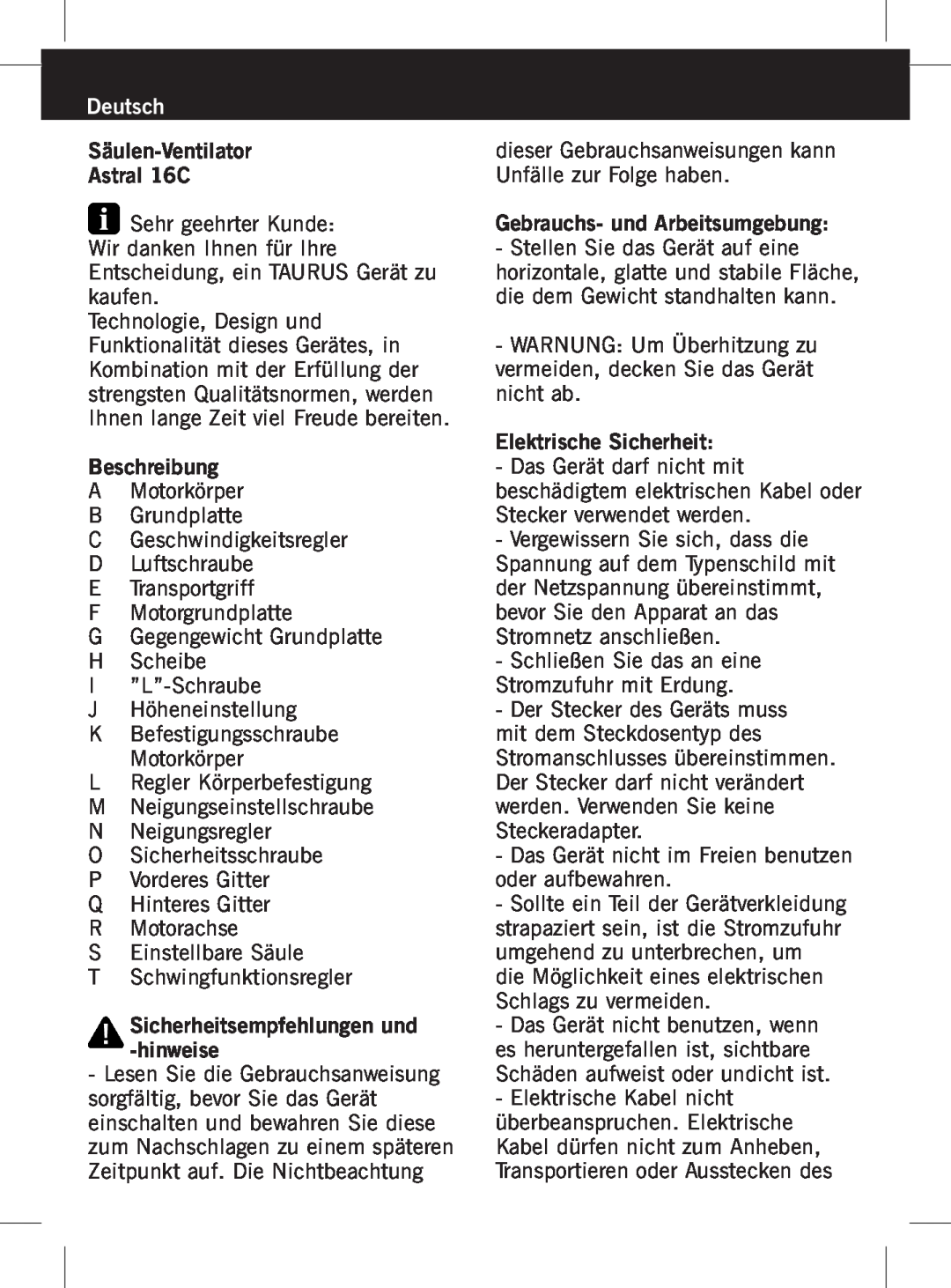 Taurus Group manual Deutsch, Säulen-Ventilator Astral 16C 