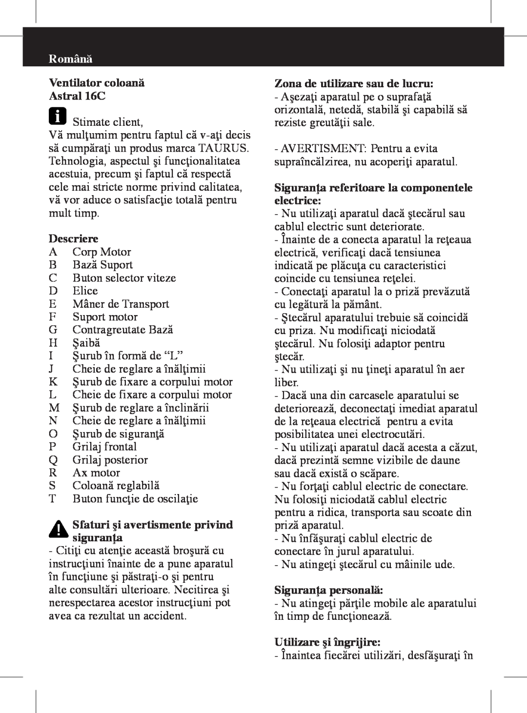Taurus Group manual Română, Ventilator coloană Astral 16C, Descriere, Sfaturi şi avertismente privind siguranţa 