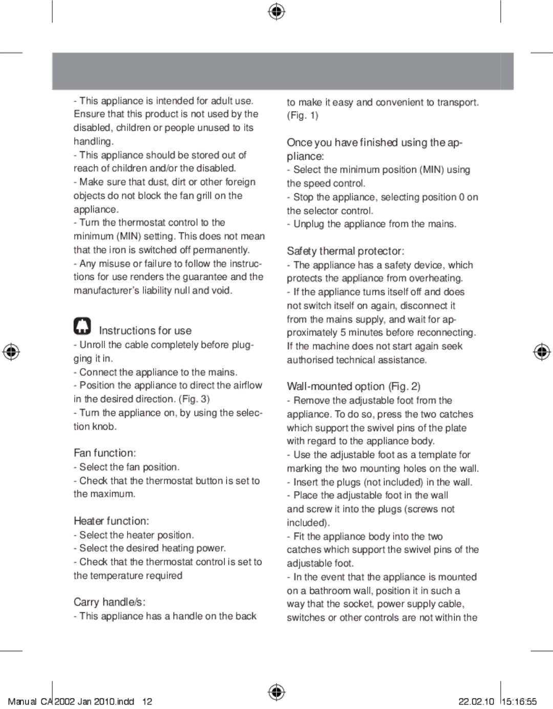 Taurus Group CA-2002 manual Instructions for use, Fan function, Heater function, Carry handle/s, Safety thermal protector 