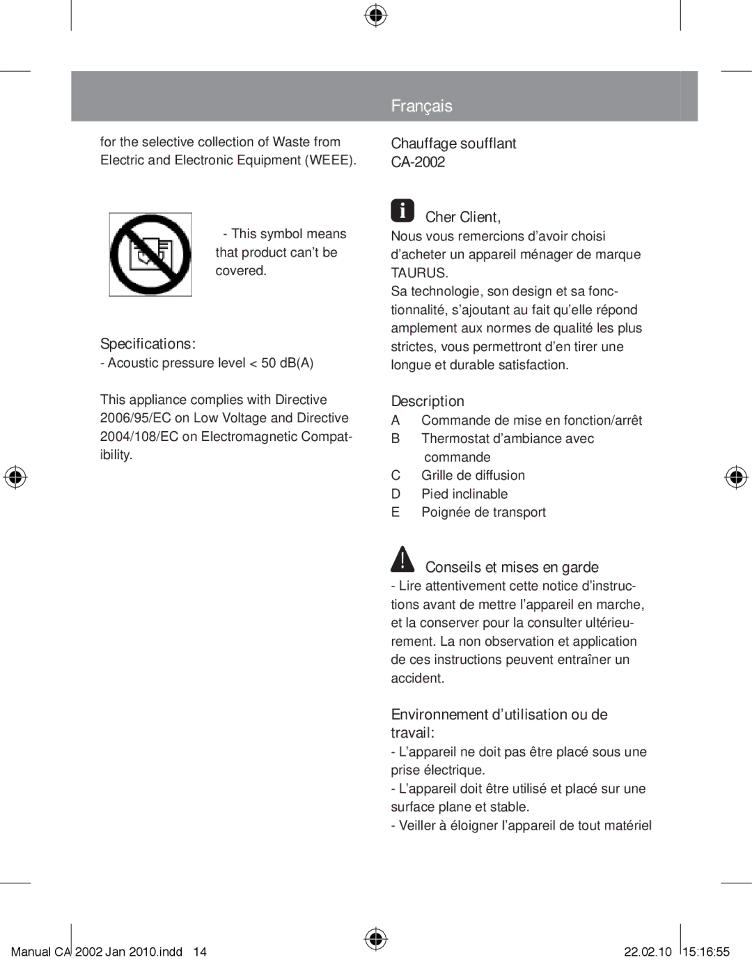 Taurus Group manual Français, Specifications, Chauffage soufflant CA-2002 Cher Client, Conseils et mises en garde 