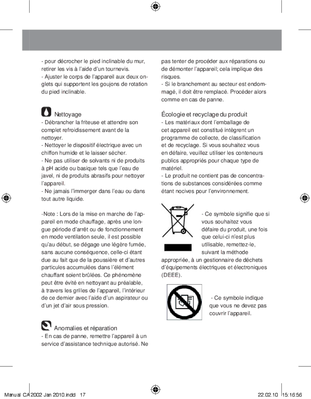 Taurus Group CA-2002 manual Nettoyage, Anomalies et réparation, Écologie et recyclage du produit 