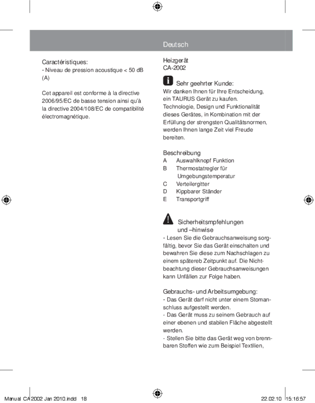 Taurus Group manual Deutsch, Caractéristiques, Heizgerät CA-2002 Sehr geehrter Kunde, Beschreibung 