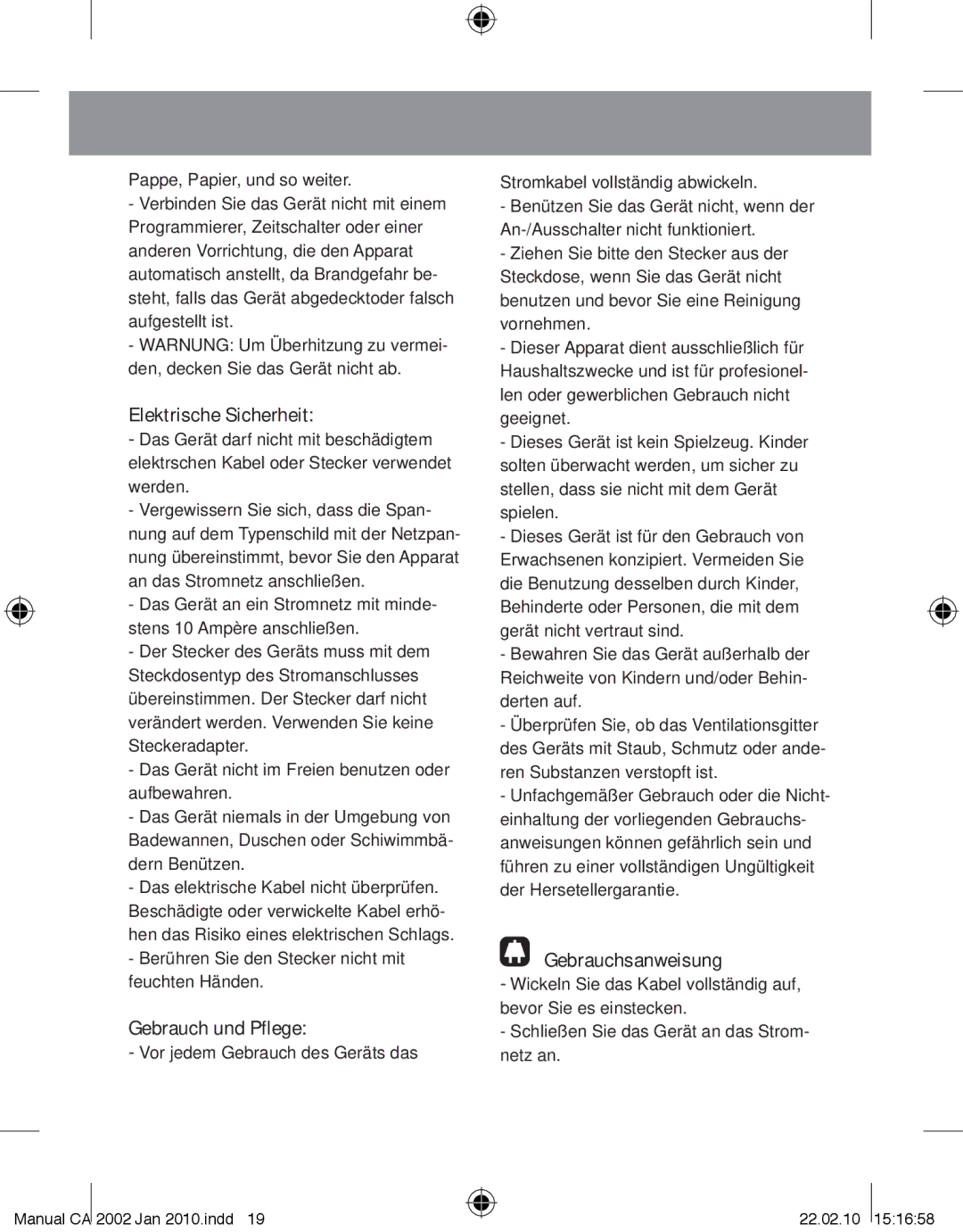 Taurus Group CA-2002 manual Elektrische Sicherheit, Gebrauch und Pflege, Gebrauchsanweisung 