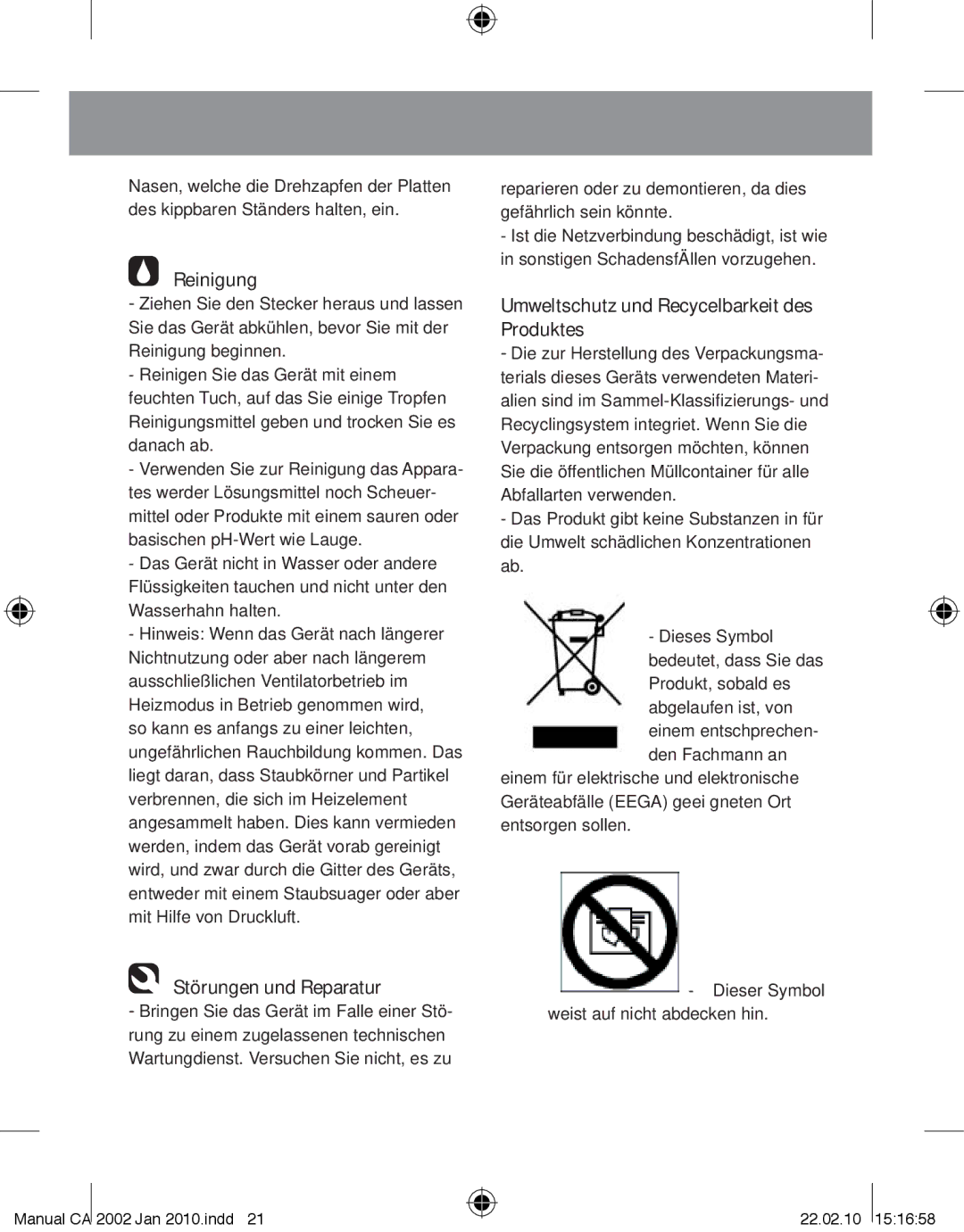 Taurus Group CA-2002 manual Reinigung, Störungen und Reparatur, Umweltschutz und Recycelbarkeit des Produktes 