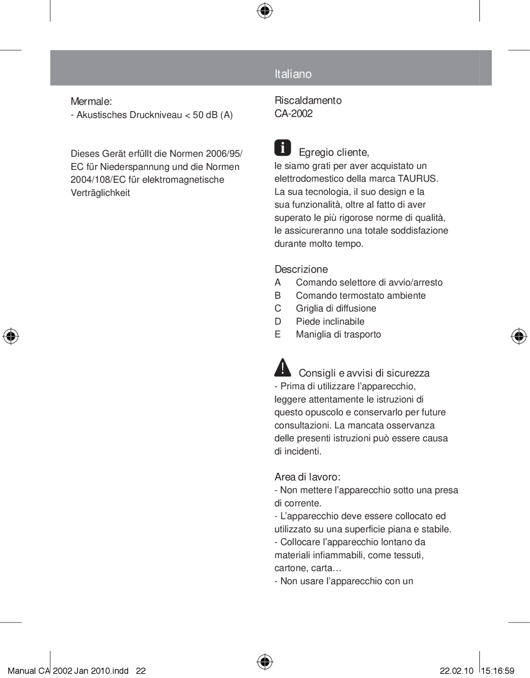 Taurus Group CA-2002 manual Italiano 