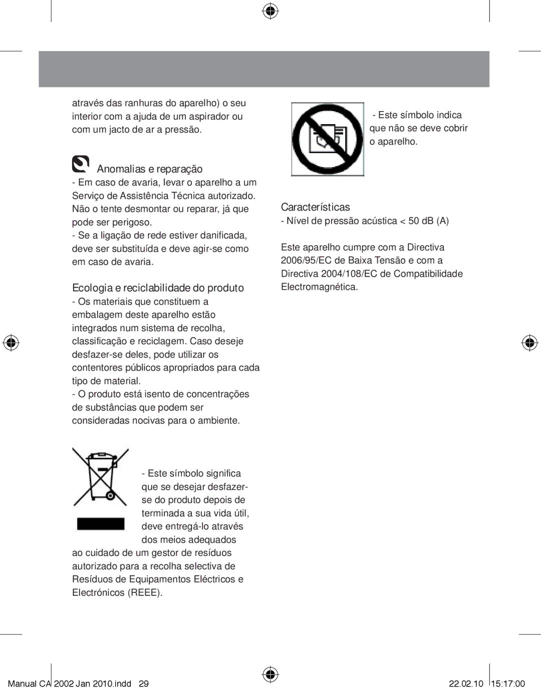 Taurus Group CA-2002 manual Anomalias e reparação, Ecologia e reciclabilidade do produto 