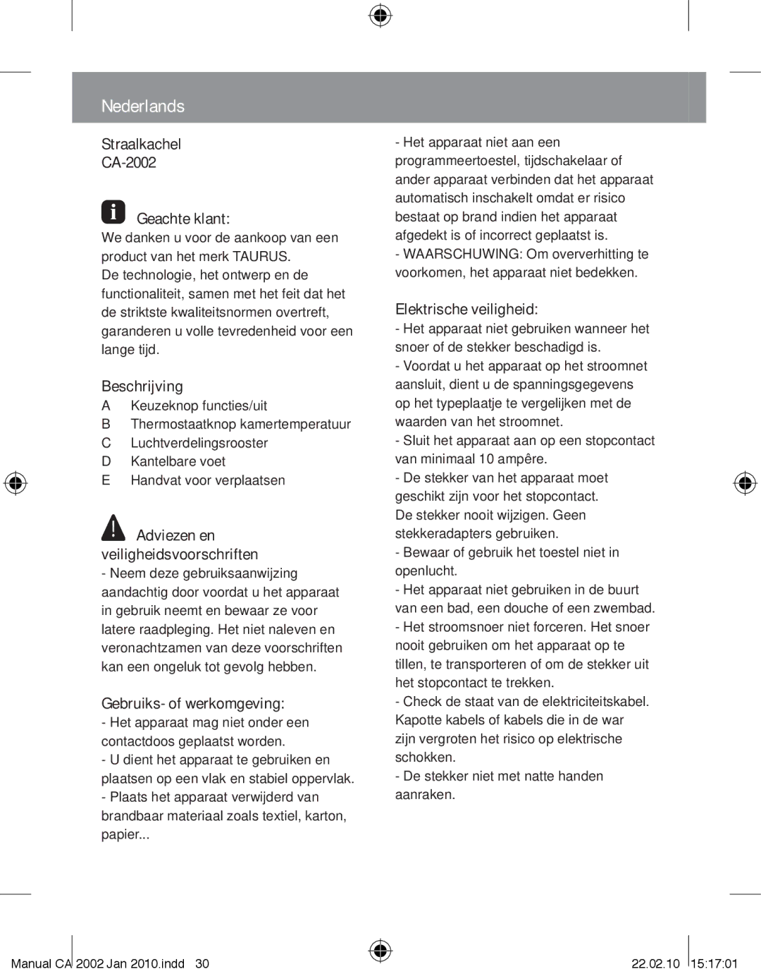 Taurus Group CA-2002 manual Nederlands 