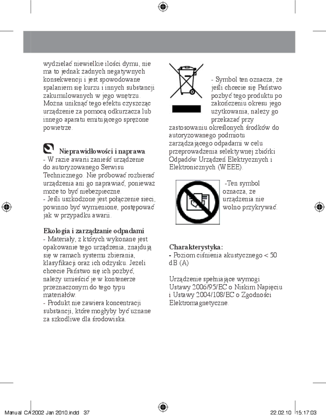 Taurus Group CA-2002 manual Nieprawidłowości i naprawa, Ekologia i zarządzanie odpadami, Charakterystyka 