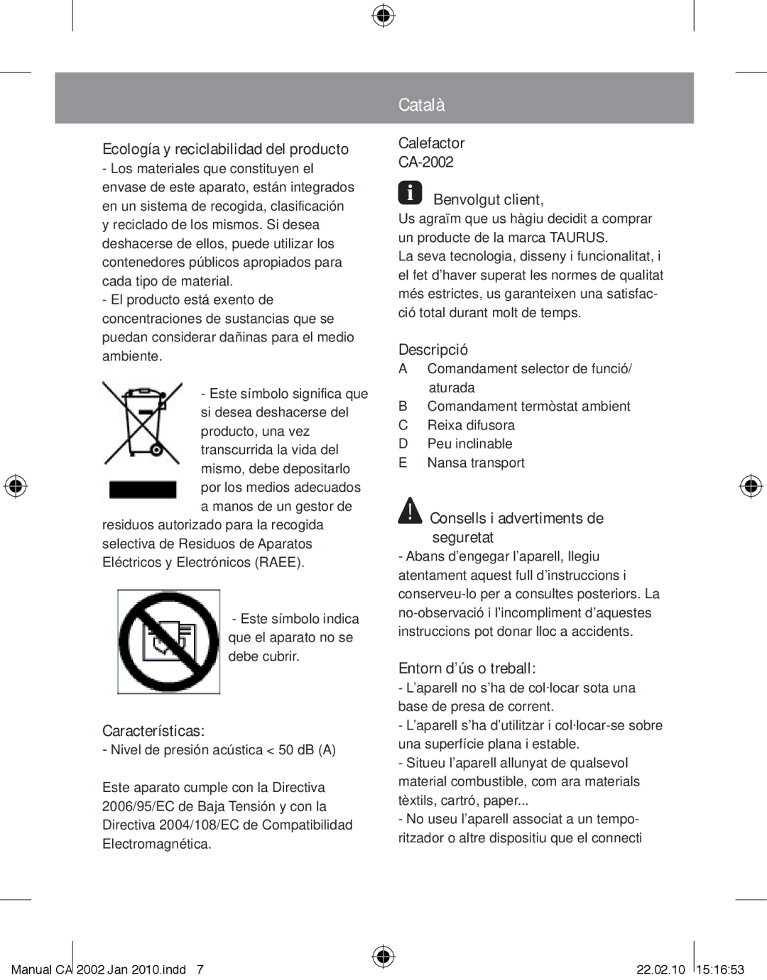 Taurus Group CA-2002 manual Català 