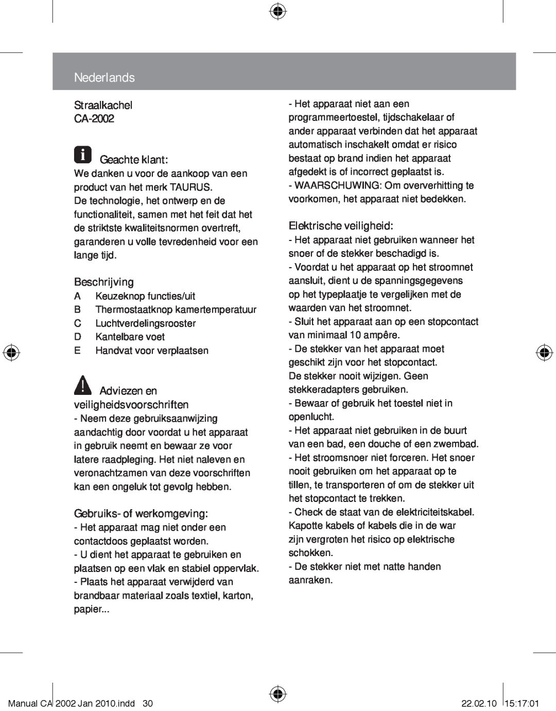 Taurus Group manual Nederlands, Straalkachel CA-2002 Geachte klant, Beschrijving, Adviezen en veiligheidsvoorschriften 