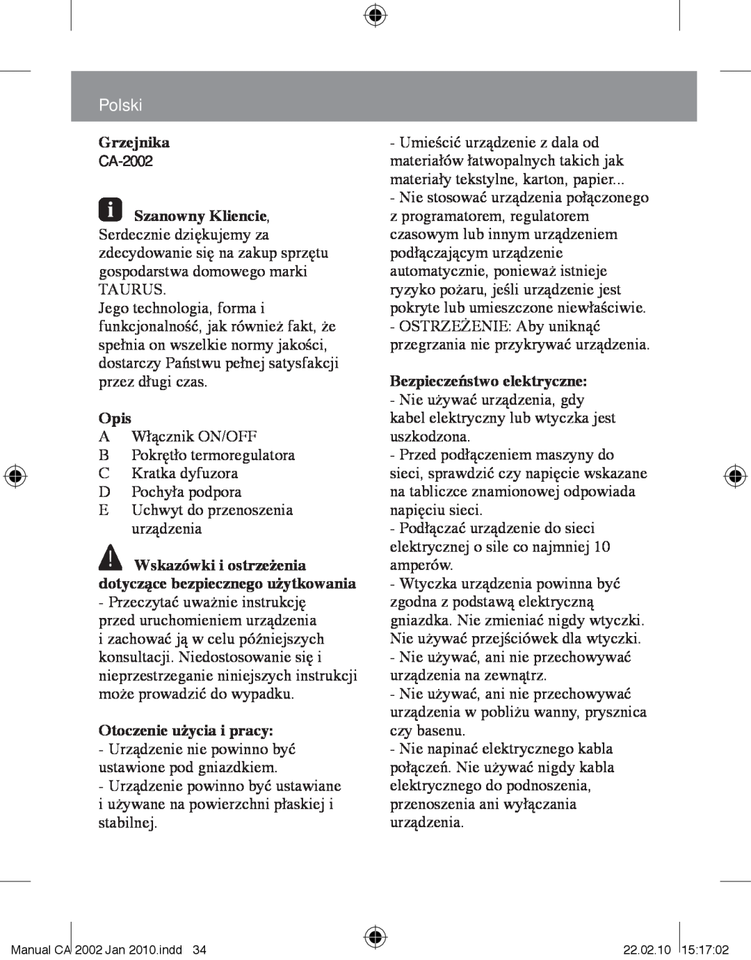 Taurus Group CA-2002 manual Polski, Grzejnika, Opis, Otoczenie użycia i pracy, Bezpieczeństwo elektryczne 
