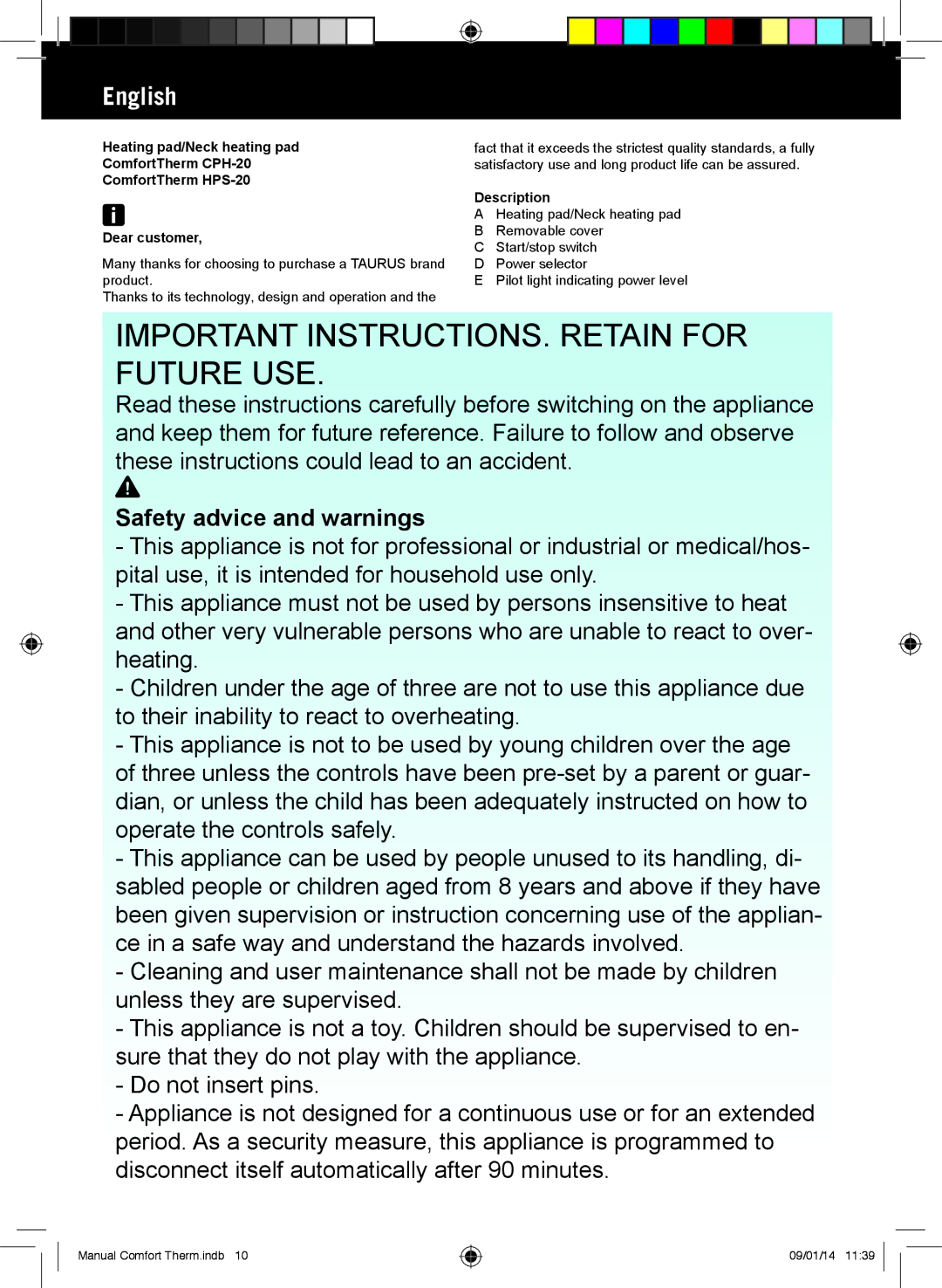 Taurus Group CPH-20 manual Important INSTRUCTIONS. Retain for Future USE, English, Safety advice and warnings, Description 