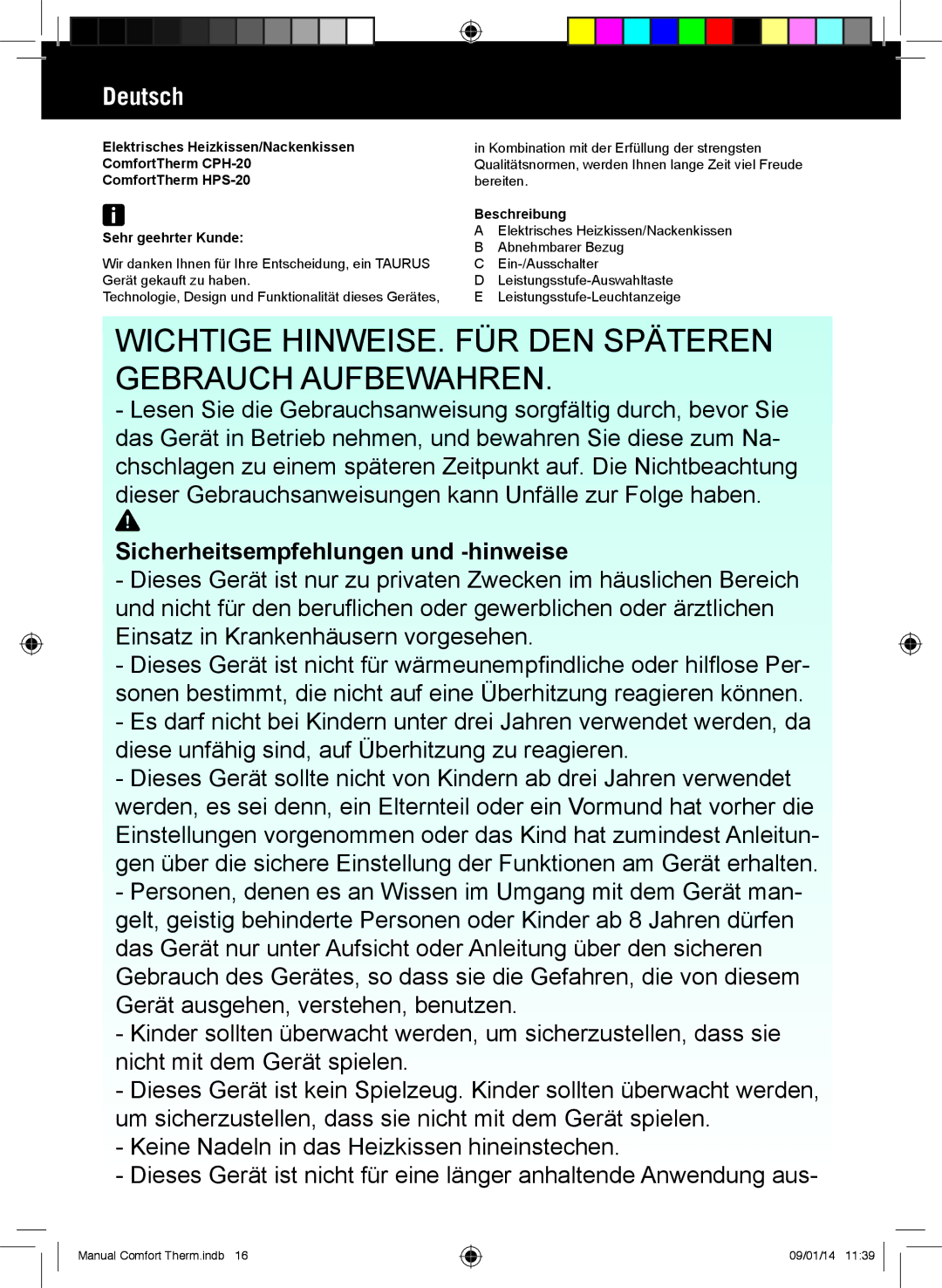 Taurus Group CPH-20, HPS-20 manual Wichtige HINWEISE. FÜR DEN Späteren Gebrauch Aufbewahren, Deutsch, Beschreibung 