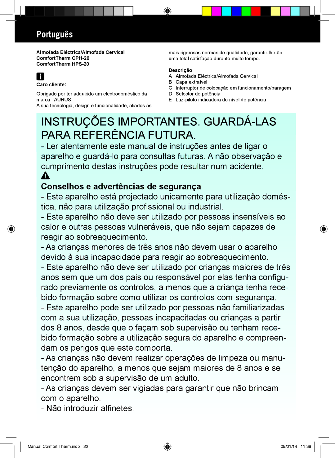 Taurus Group CPH-20, HPS-20 manual Instruções IMPORTANTES. GUARDÁ-LAS Para Referência Futura, Português, Descrição 