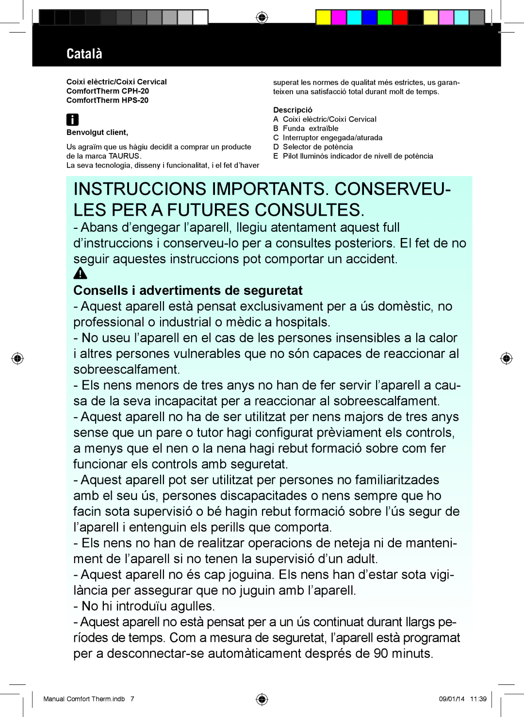 Taurus Group HPS-20, CPH-20 manual Català, Consells i advertiments de seguretat, Descripció 