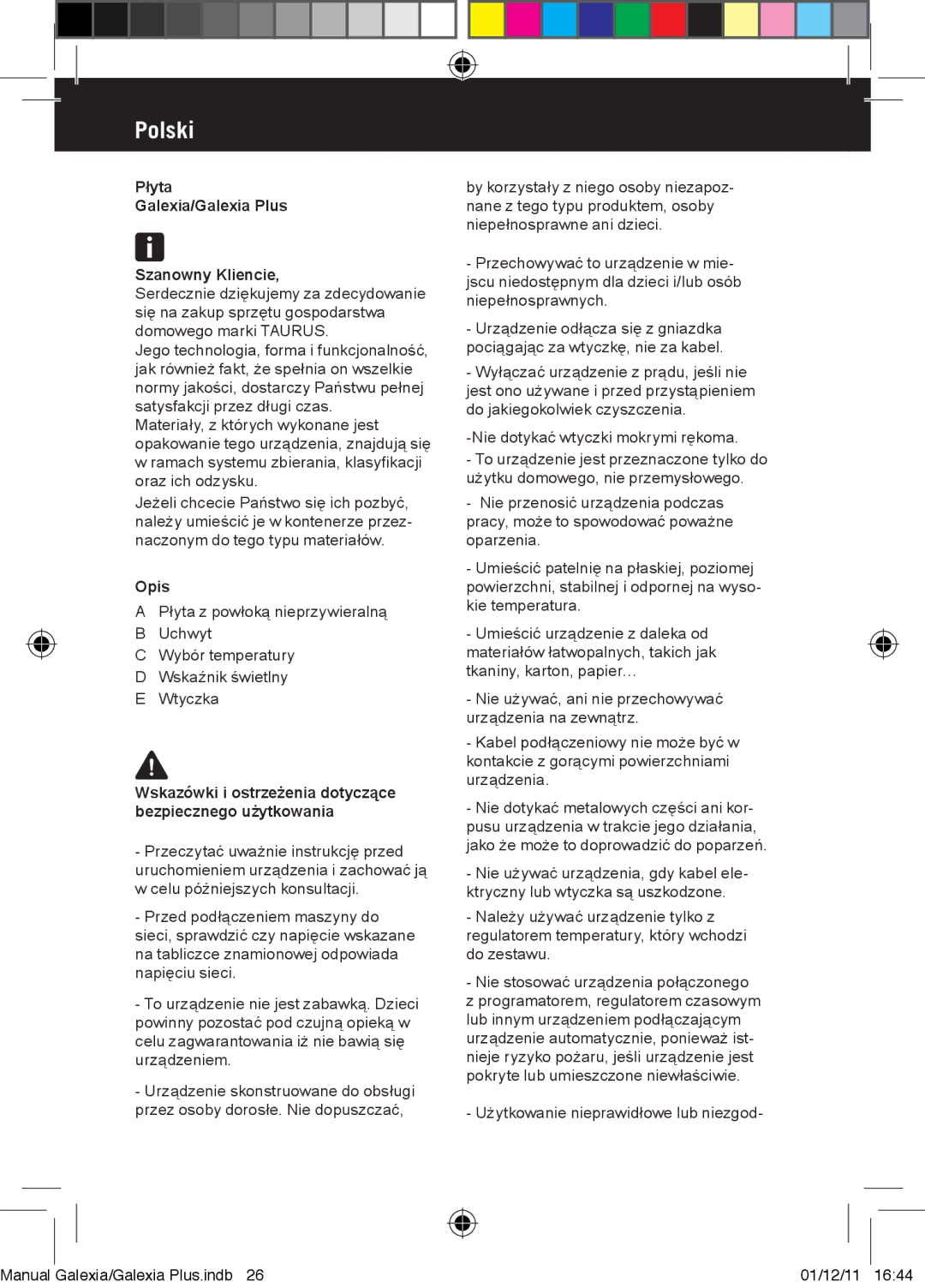 Taurus Group manual Polski, Płyta Galexia/Galexia Plus Szanowny Kliencie 